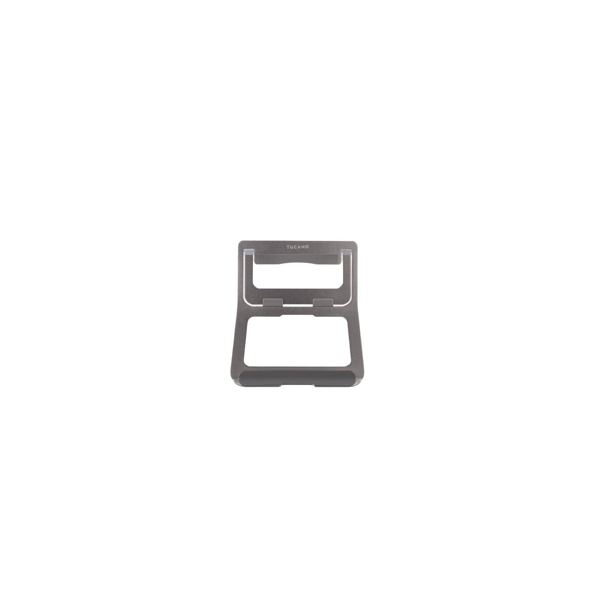 Supporto per laptop grigio. Design minimalista. Due pezzi rettangolari e una base. Sfondo bianco.