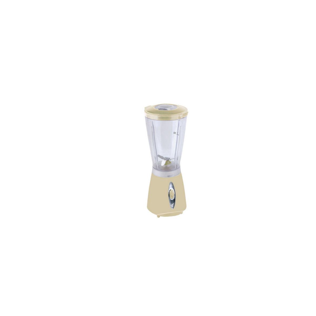 Frullatore beige su sfondo bianco, con un contenitore di plastica trasparente.