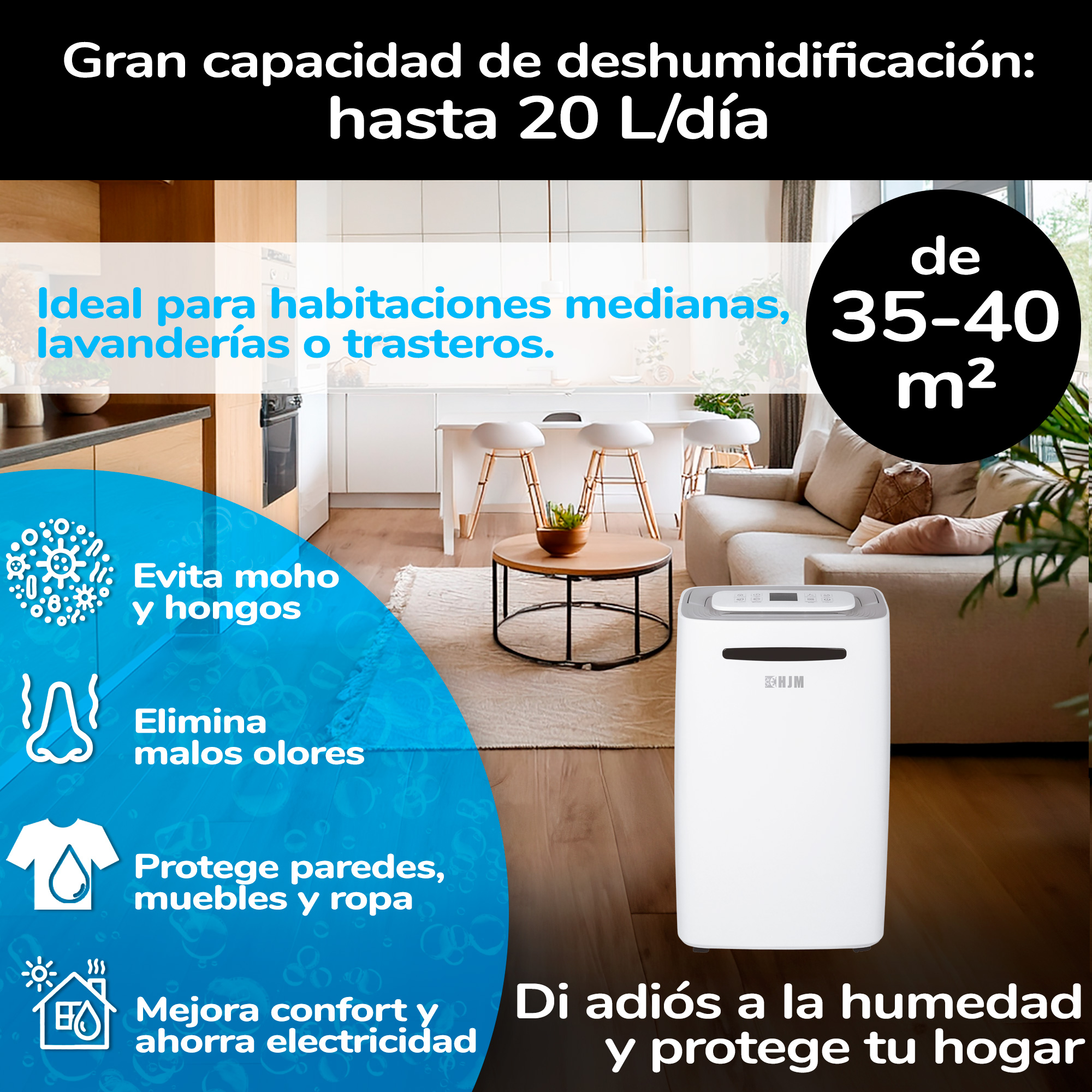 Deshumidificador blanco sobre fondo claro. Texto indica eliminación de moho y olores.