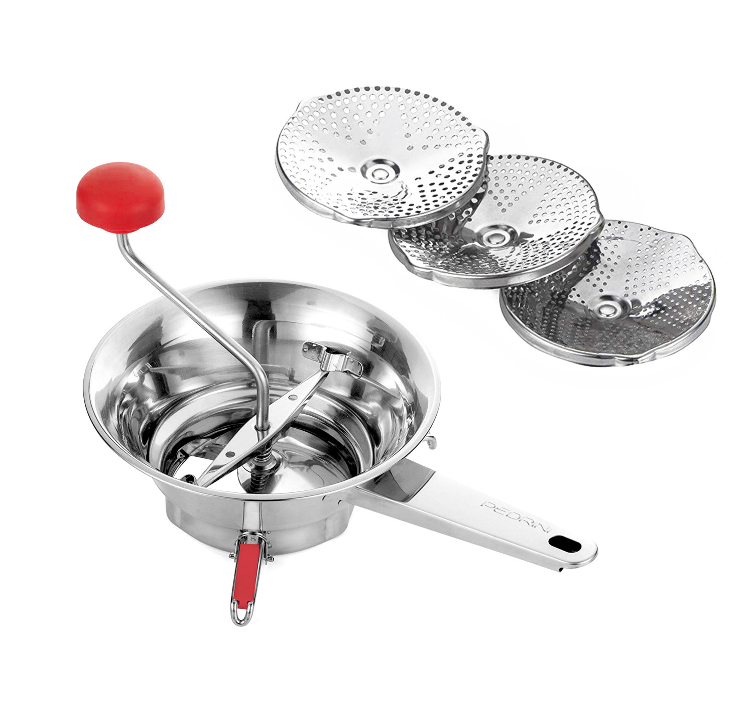 Edelstahl-Passiermühle mit rotem Griff und drei perforierten Scheiben.