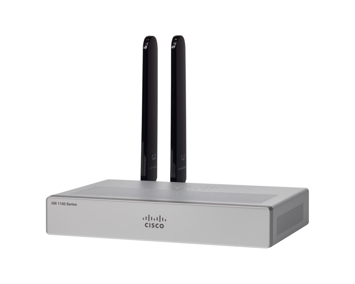 Silberner Netzwerkrouter mit zwei schwarzen Antennen. Cisco-Logo auf der Vorderseite.