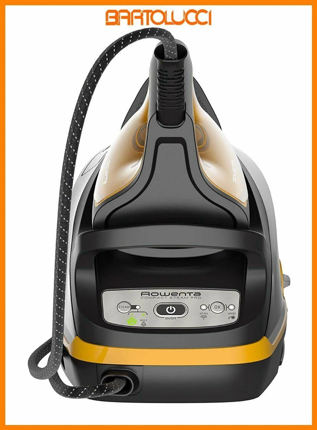 Schwarzes und gelbes Bügeleisen. Ein schwarzes Kabel ist mit dem Bügeleisen verbunden.