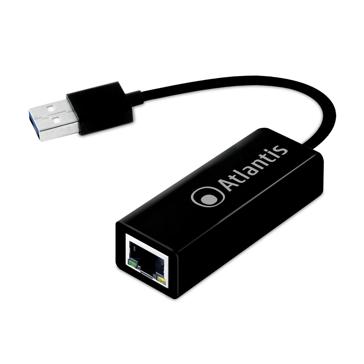 Ein schwarzer USB-zu-Ethernet-Adapter. Er hat einen USB-Anschluss und einen Ethernet-Anschluss.