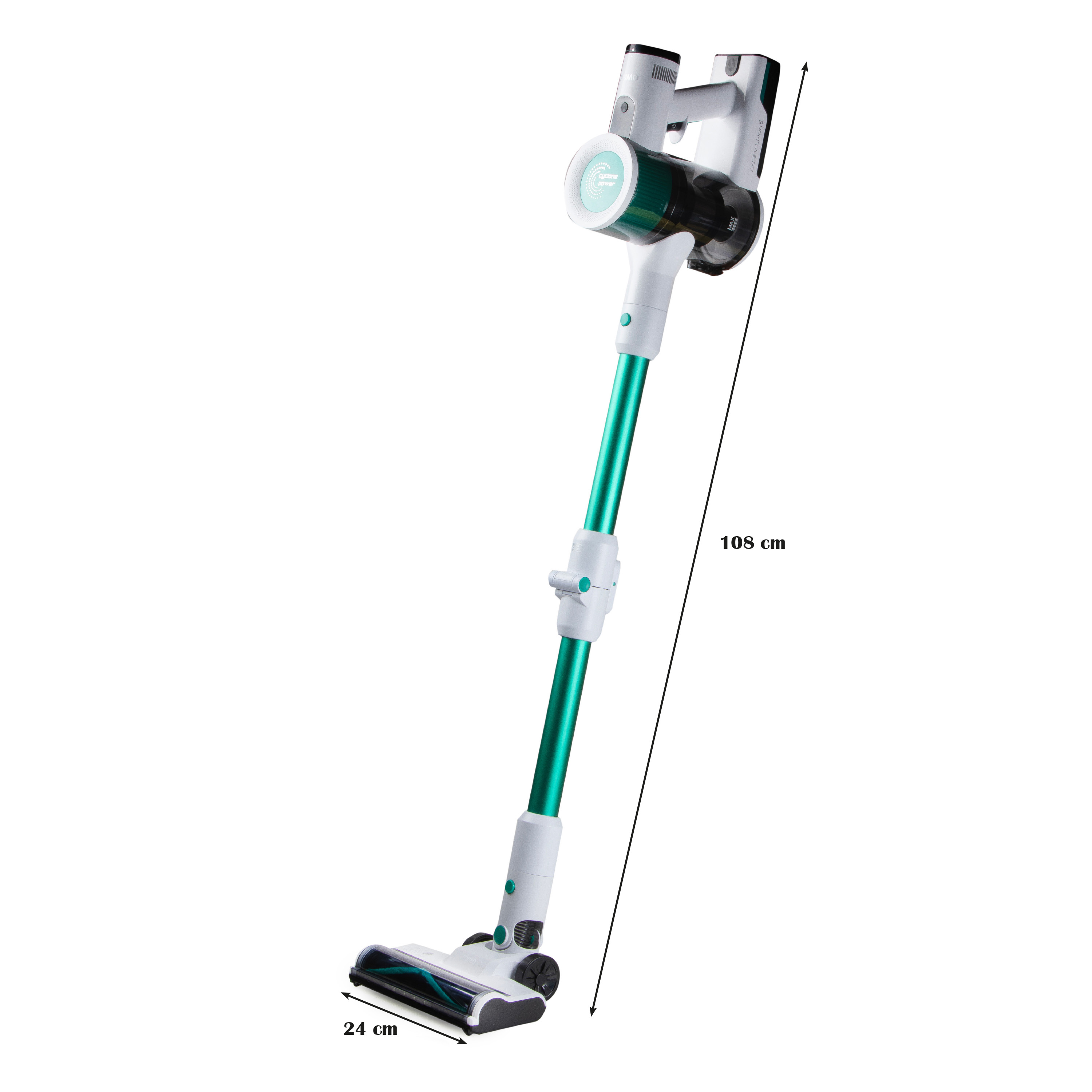 Ein weißer und grüner Staubsauger mit den Abmessungen 24 cm und 108 cm.