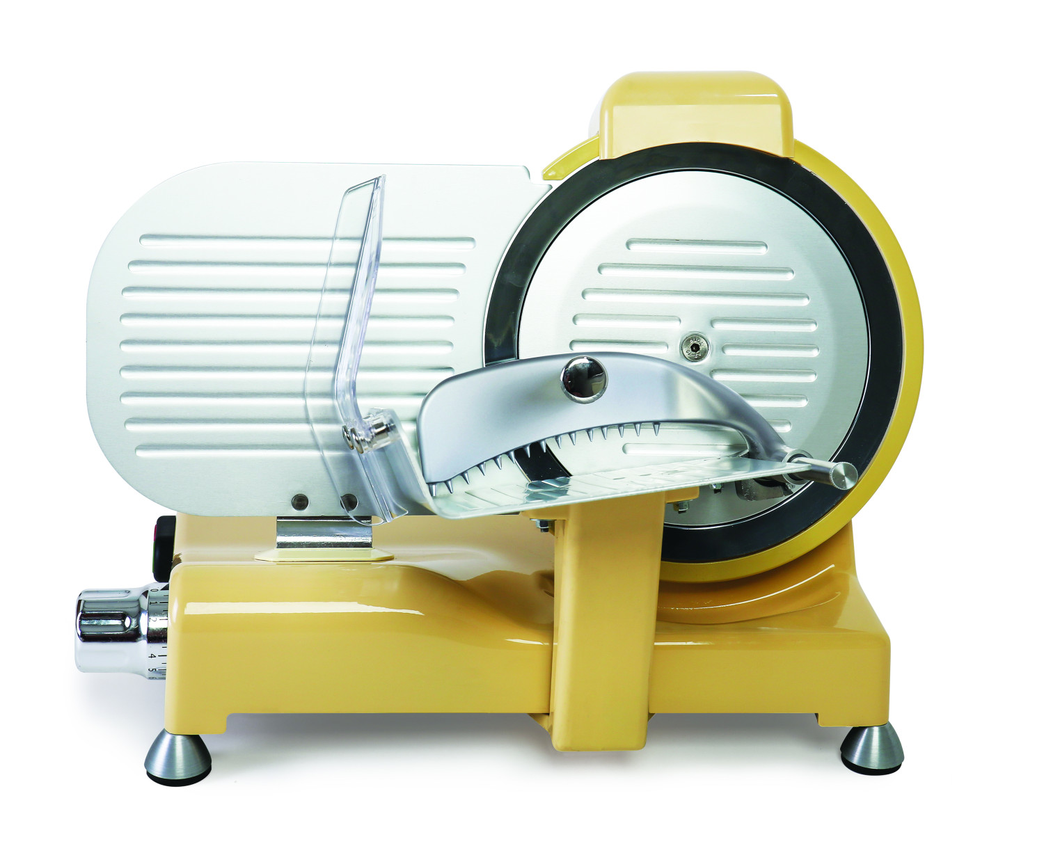 Żółta krajalnica do mięsa z dużym ostrzem. Ma srebrne ostrze i przezroczystą osłonę.