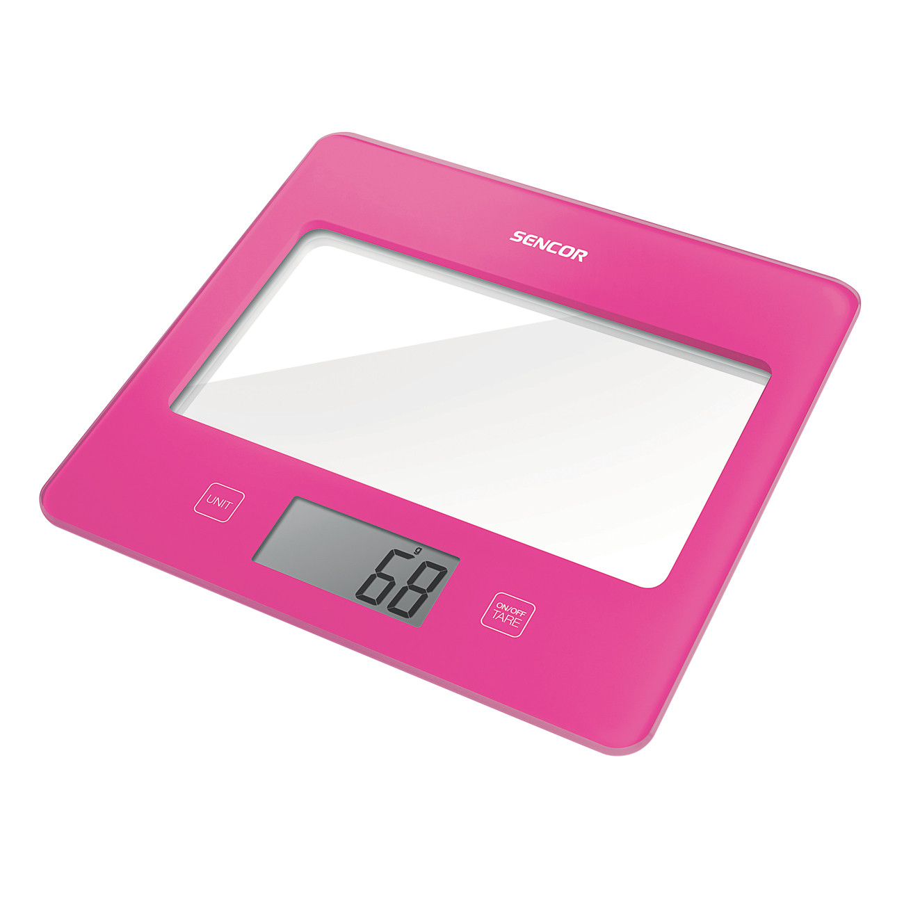 Una bilancia da cucina rosa con display digitale che mostra 68, sfondo bianco.