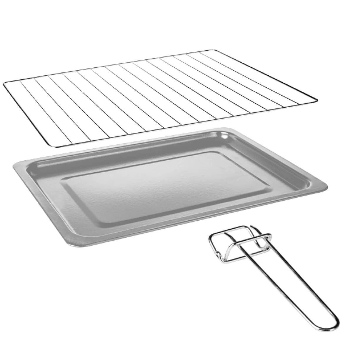 Części piekarnika: ruszt, metalowa taca i uchwyt. Wszystko w kolorze srebrnym, na białym tle.