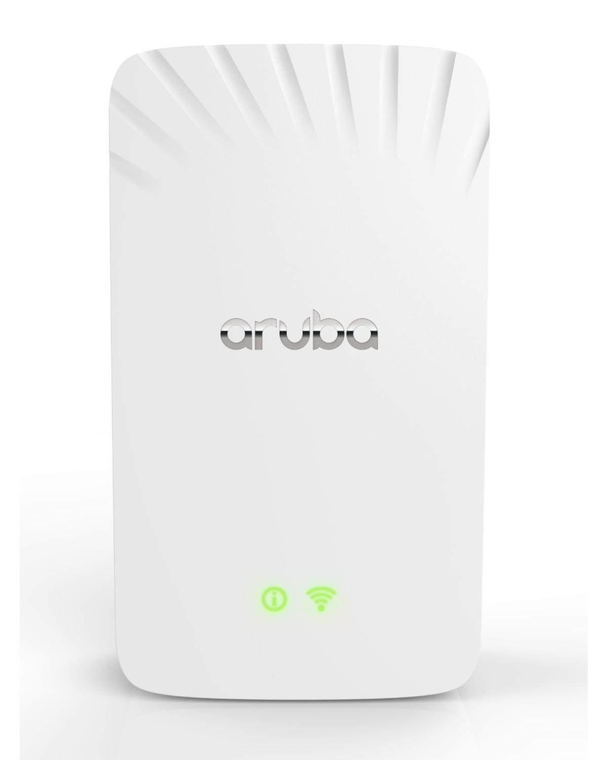 Biały punkt dostępu Wi-Fi Aruba. Logo na środku, dwa wskaźniki poniżej.