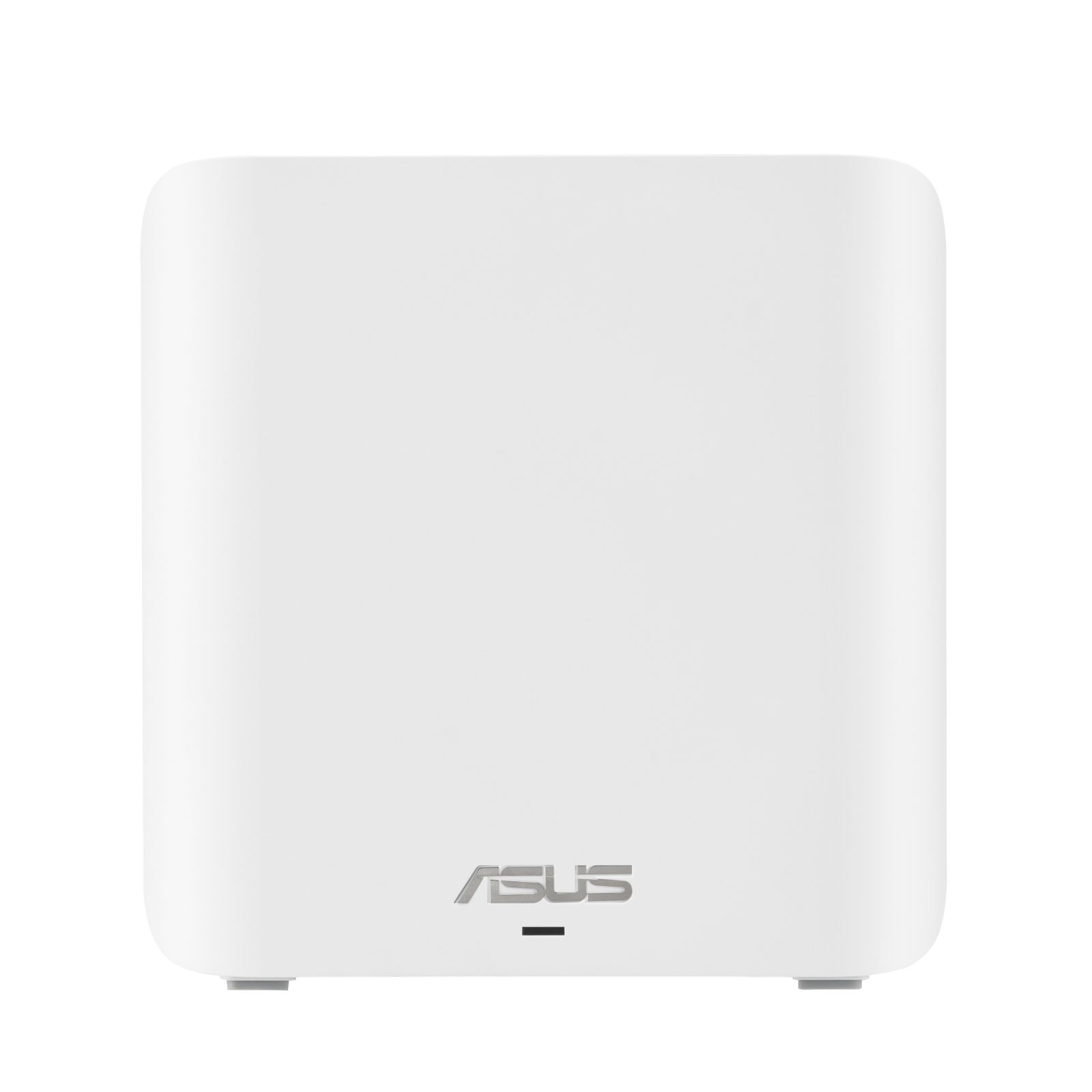 Weißer ASUS-Router, Vorderansicht, zeigt das Logo der Marke und ein minimalistisches Design.