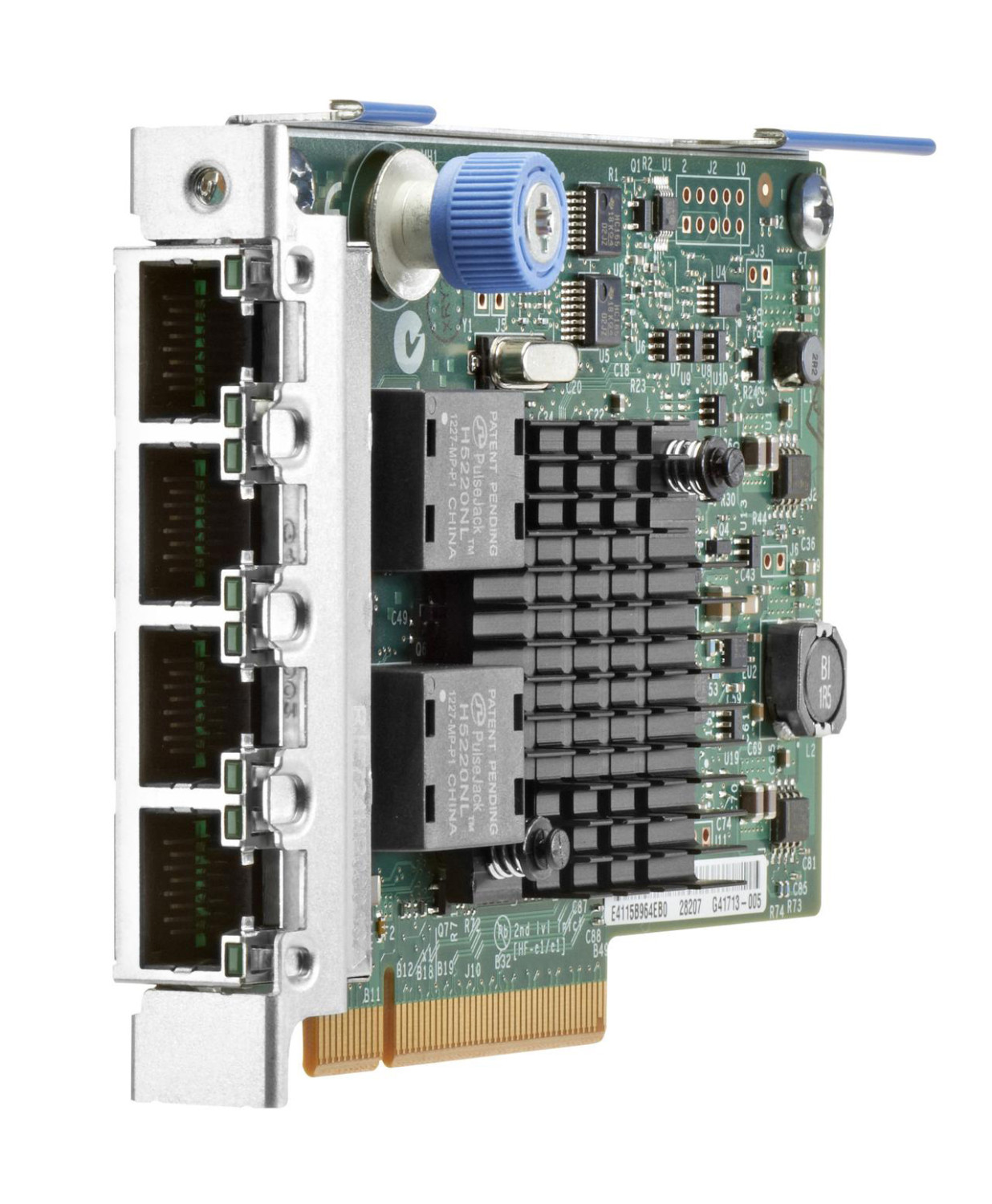 Eine Netzwerkkarte mit mehreren Anschlüssen und einem blauen Knopf. Es ist ein grünes und silbernes elektronisches Gerät.