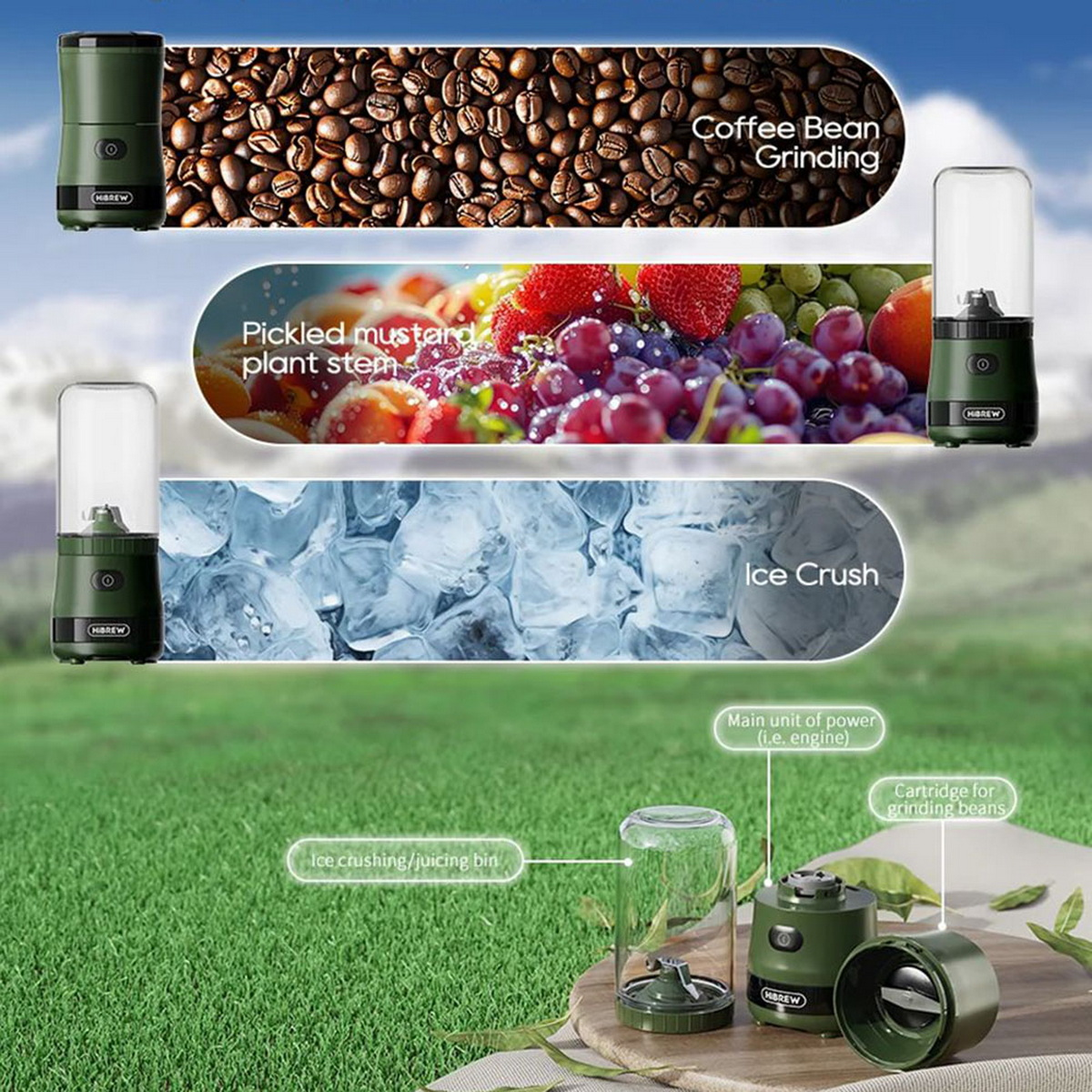 Blender z fasolą, lodem i owocami. Etykiety tekstowe są dostarczone. Zielone tło zewnętrzne.