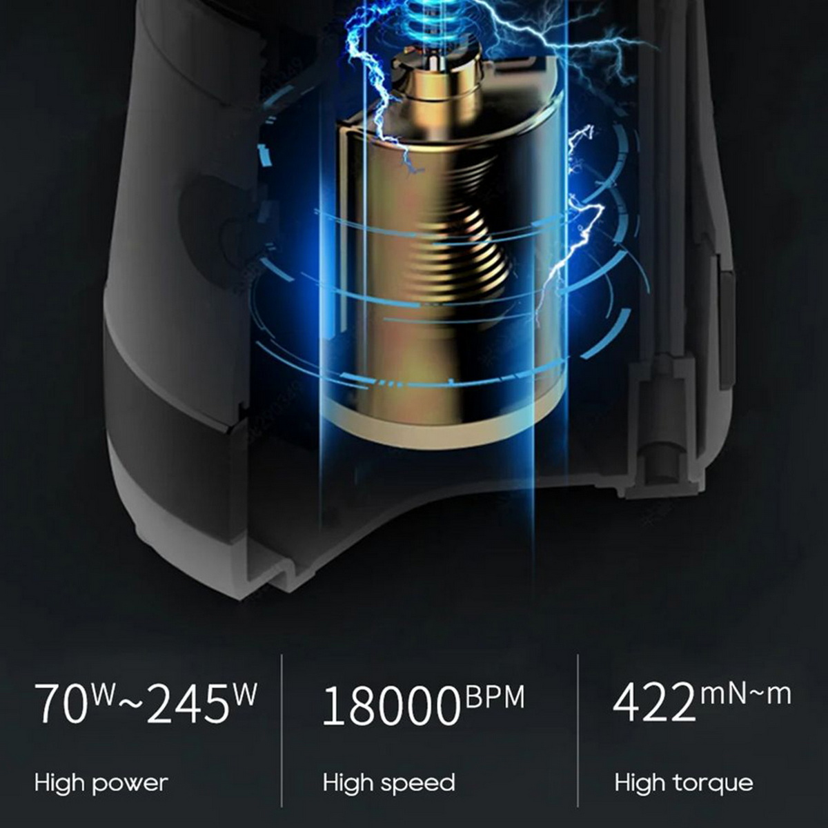 Zbliżenie metalowego silnika z niebieskimi iskrami elektrycznymi. Tekst: Wysoka moc, prędkość, moment obrotowy.