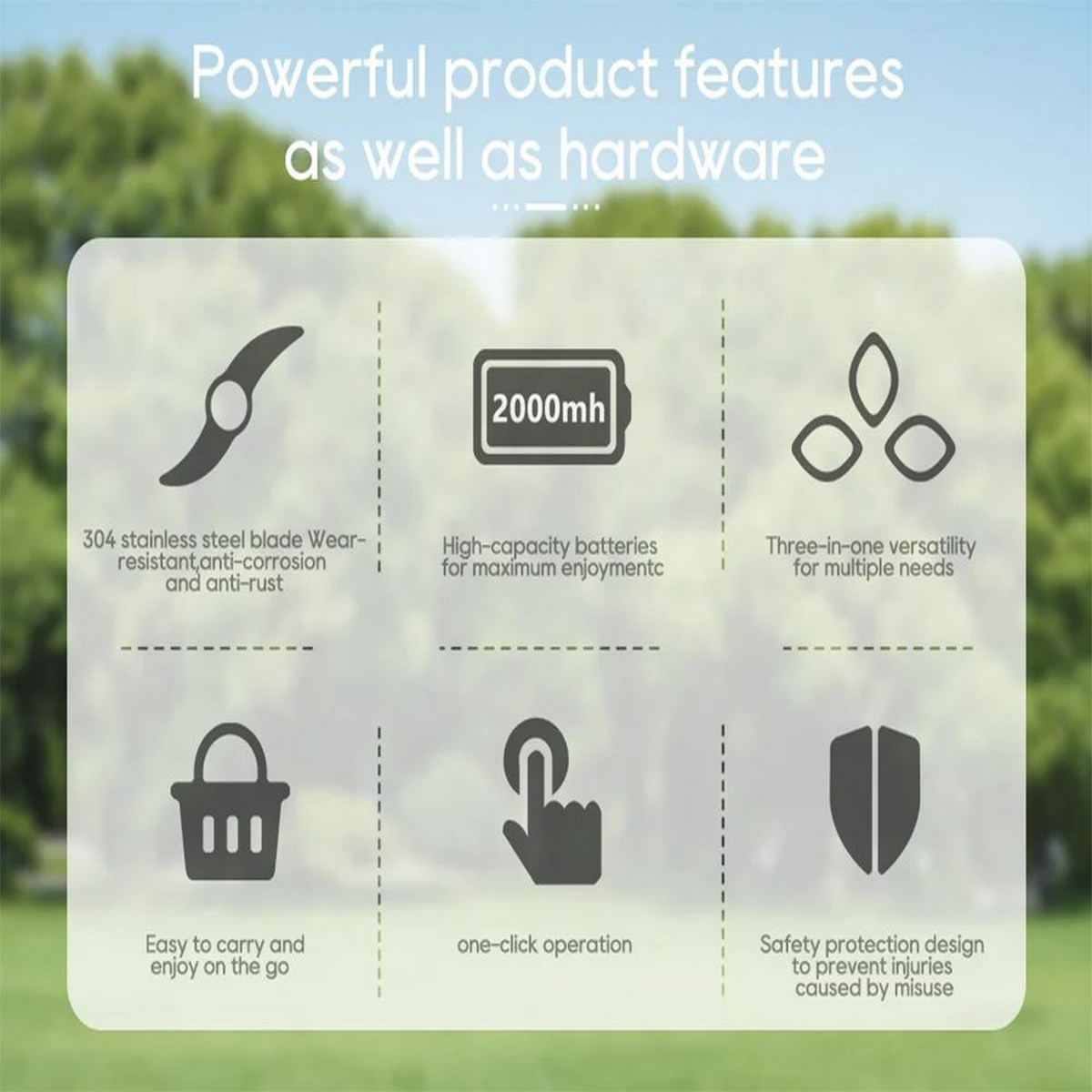 Infografika z ikonami reprezentującymi cechy produktu, takie jak ostrze, bateria i tarcza.