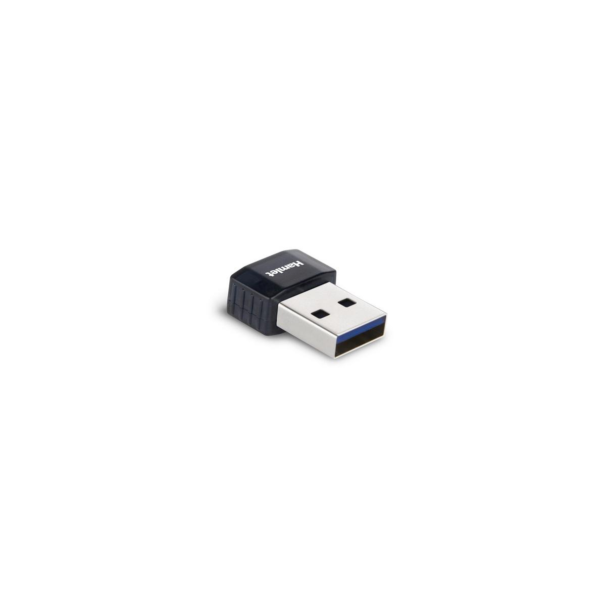 Ein schwarzer und blauer USB-Stick auf weißem Hintergrund. Der Markenname ist Hamlet.