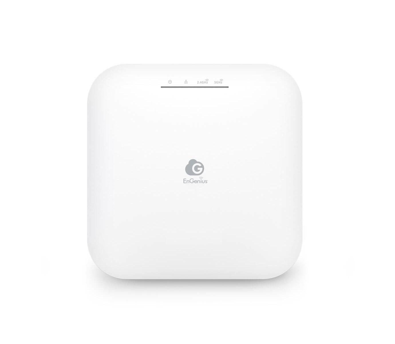 Ein weißes EnGenius Wireless Access Point Gerät. Das Gerät ist quadratisch und steht auf weißem Grund.