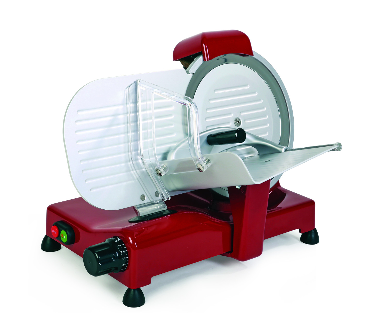 Czerwona krajalnica do mięsa z przezroczystą osłoną i czarnym uchwytem. Krajalnica na białej powierzchni.