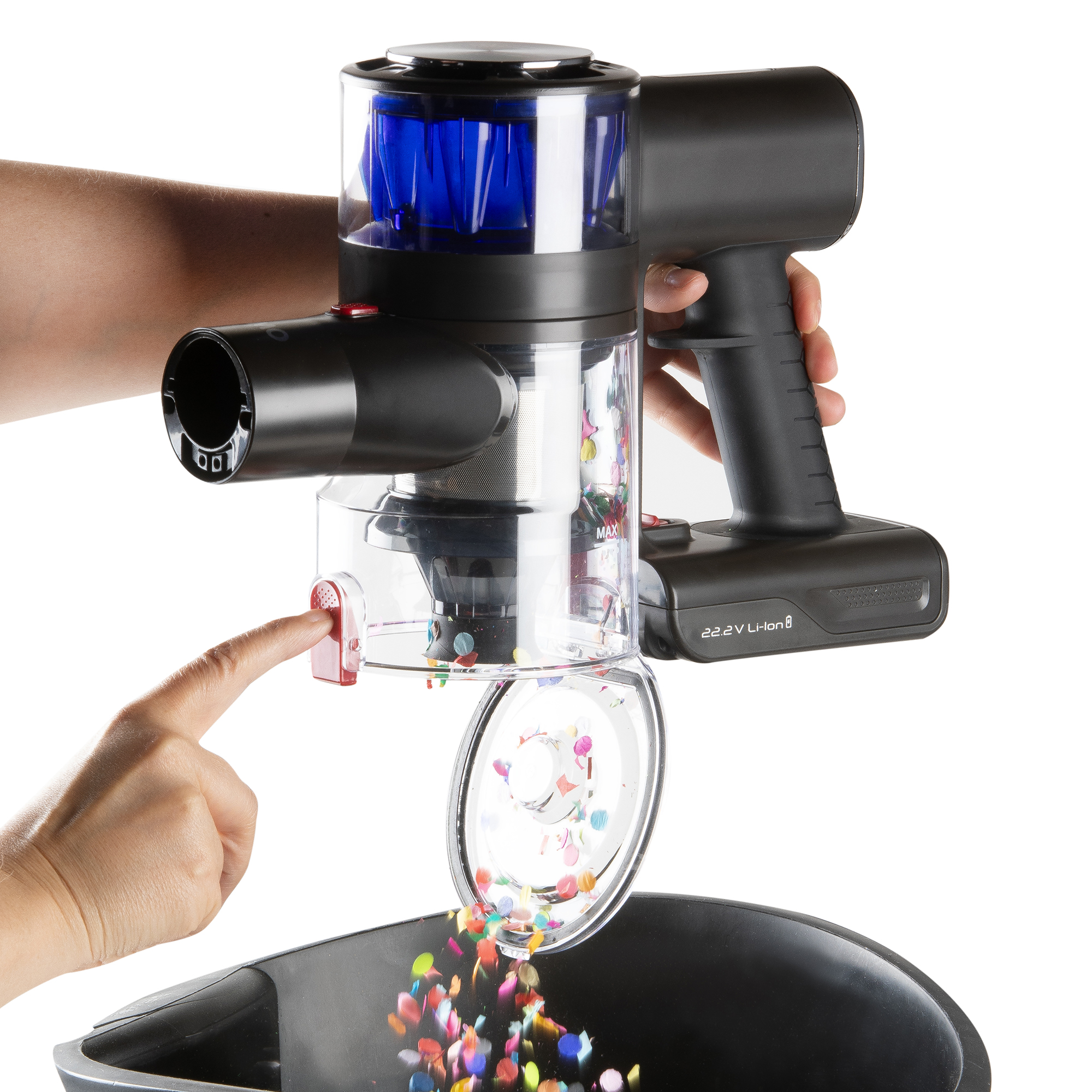 Une main pointe vers un aspirateur, des confettis tombent.