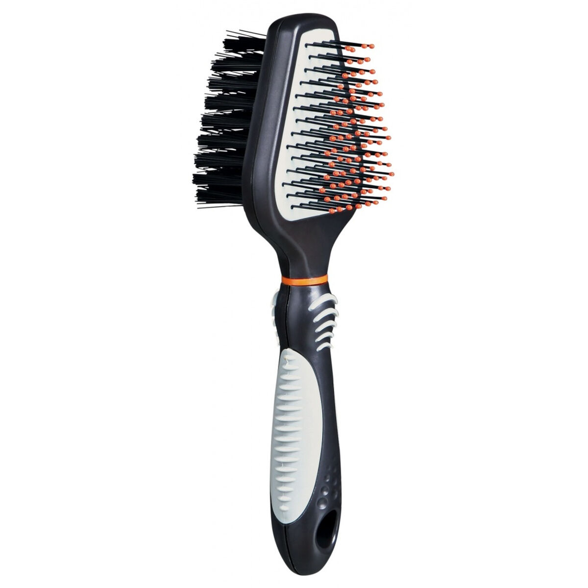 Cepillo de pelo blanco y negro con dos lados de cerdas, uno negro y otro naranja.