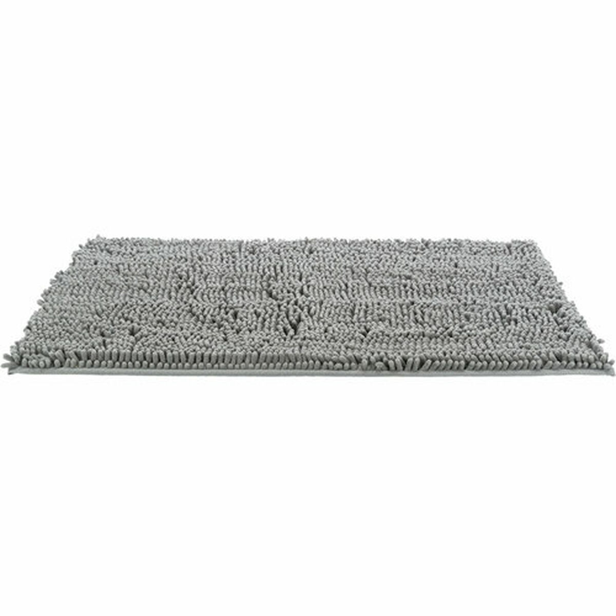 Alfombra de baño gris rectangular con superficie texturizada, sobre fondo blanco.