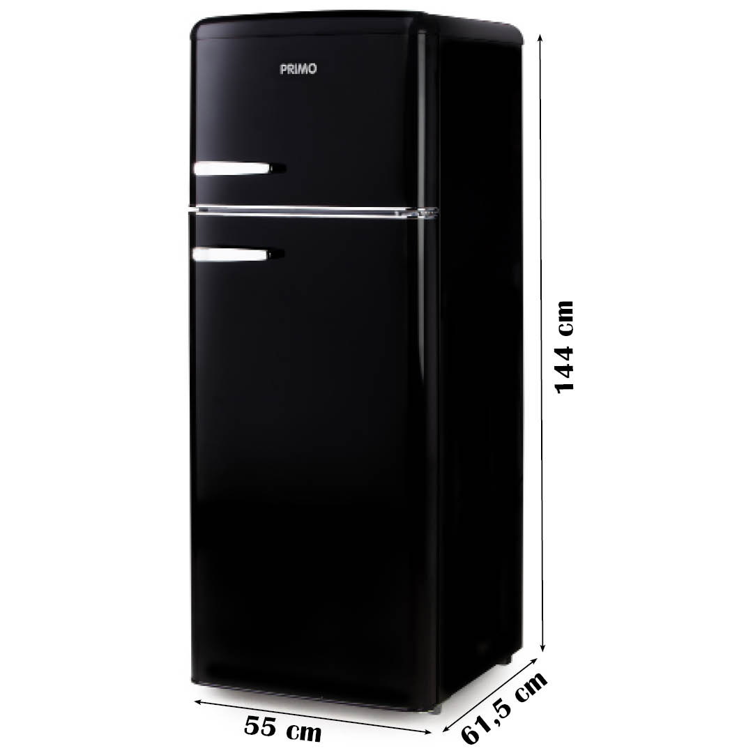 Réfrigérateur Primo noir de dimensions : 144 cm de haut, 55 cm de large, 61,5 cm de profond. Il a deux portes.