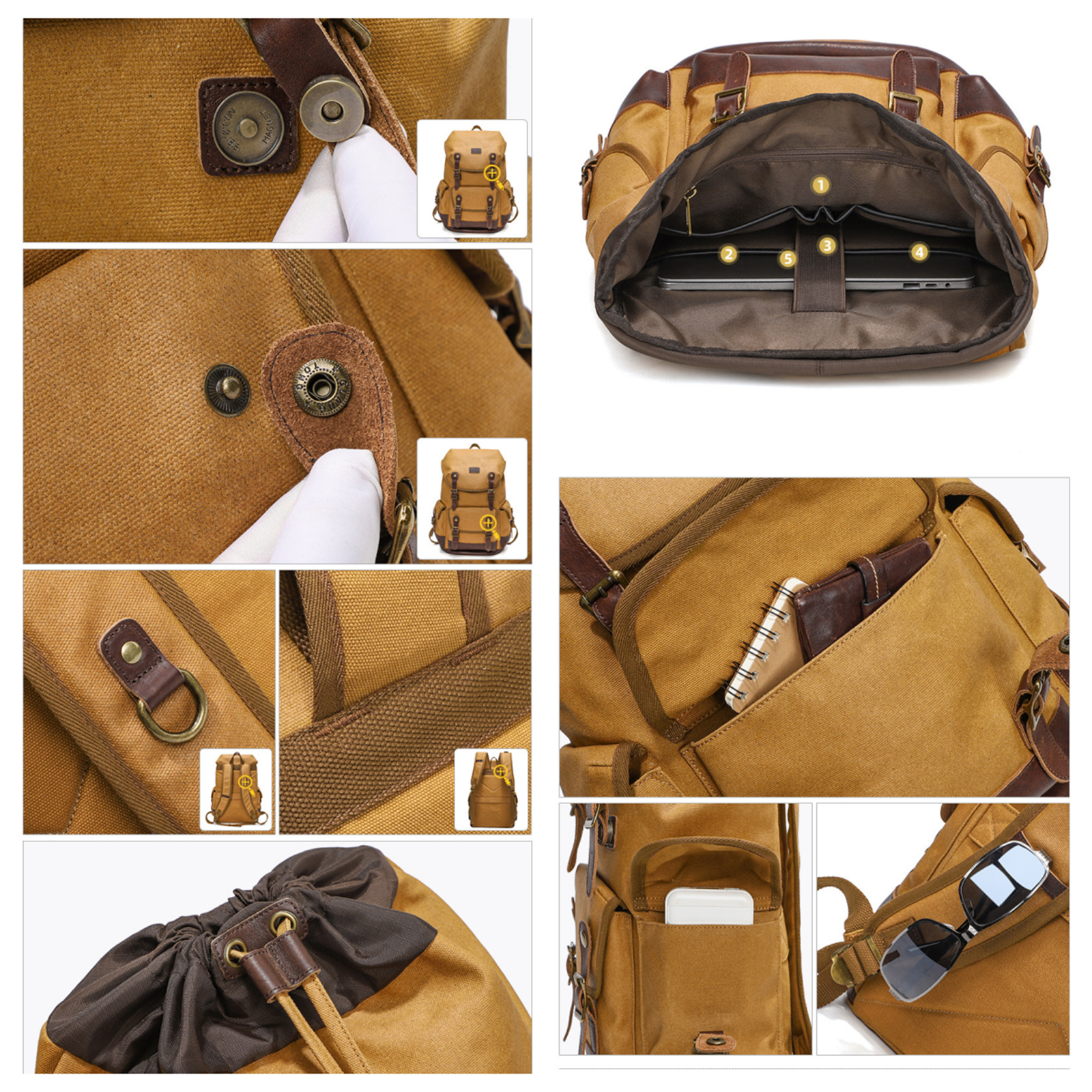Nahaufnahmen eines braunen Rucksacks mit mehreren Taschen, Riemen und Lederdetails.