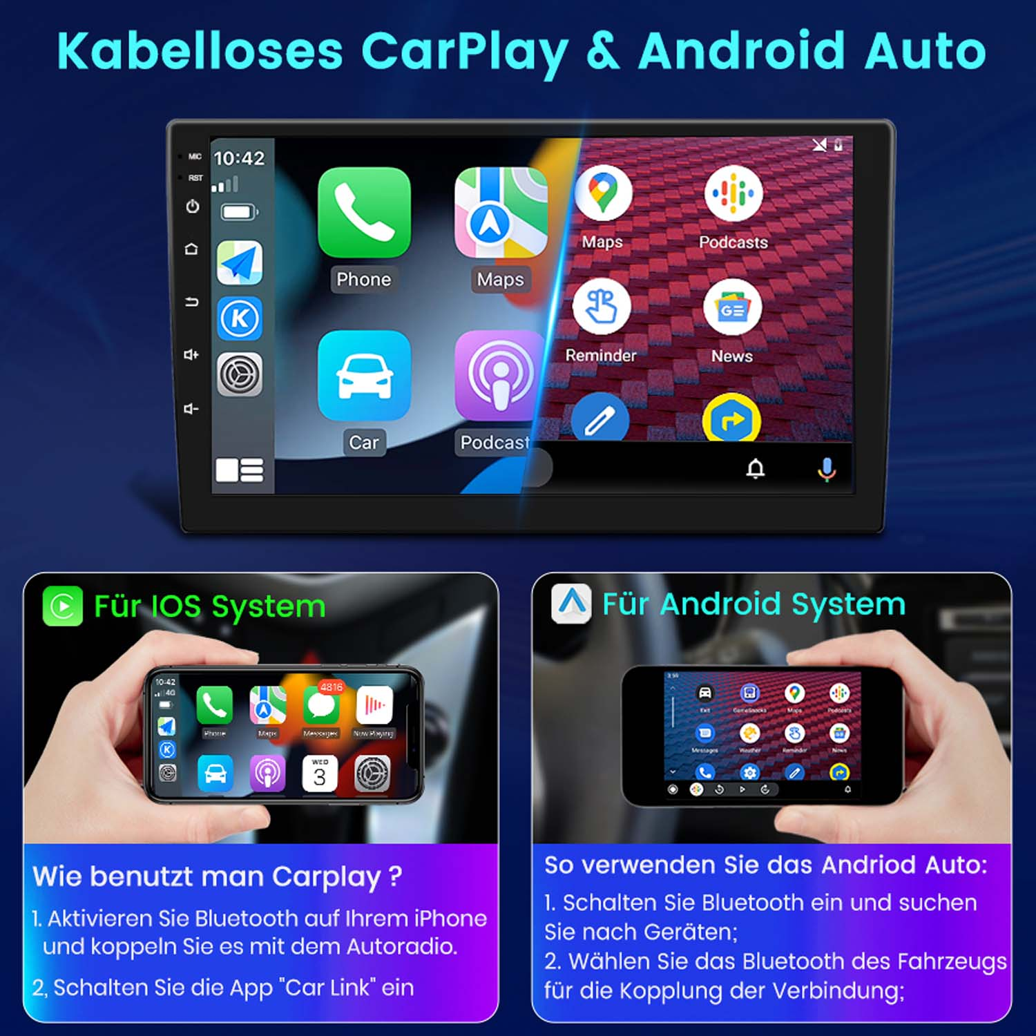 Interfejs Carplay i Android Auto na ekranie samochodu. Dwa telefony pokazują szczegóły konfiguracji.