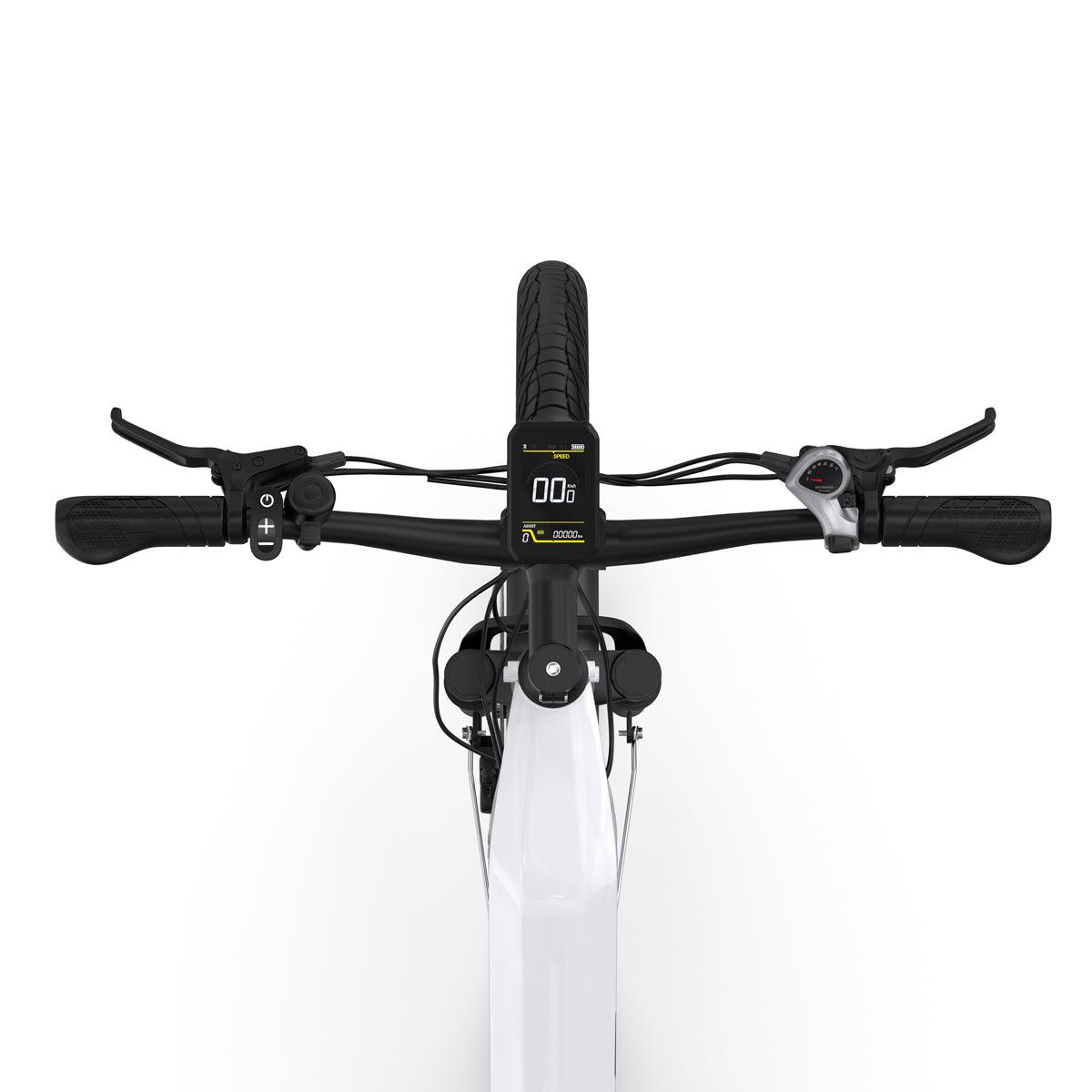 Vista superior del manillar de una bicicleta con controles. La rueda delantera está oculta.