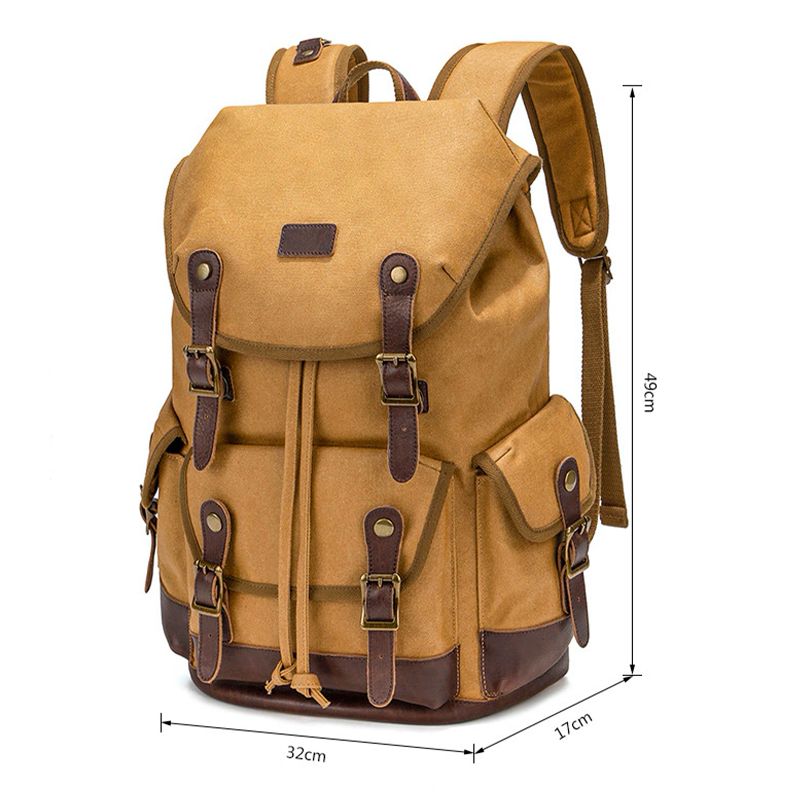 Tan Rucksack mit braunen Lederakzenten, Schnallen und beschrifteten Abmessungen. Weißer Hintergrund.
