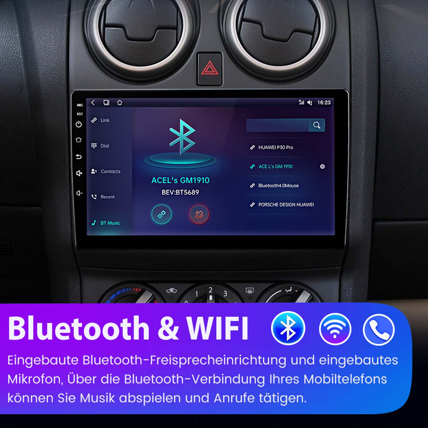 System informacyjno-rozrywkowy w samochodzie pokazujący opcje Bluetooth. Ekran wyświetla połączenia urządzeń i kontrolki muzyczne.