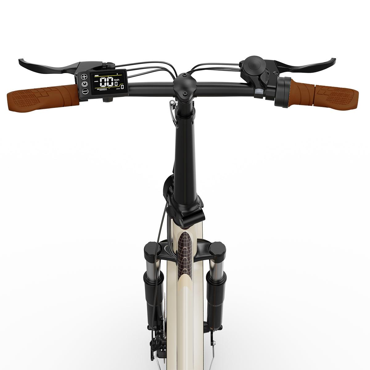 Fahrradlenker, braune Griffe, schwarzer Vorbau, weißer Hintergrund.
