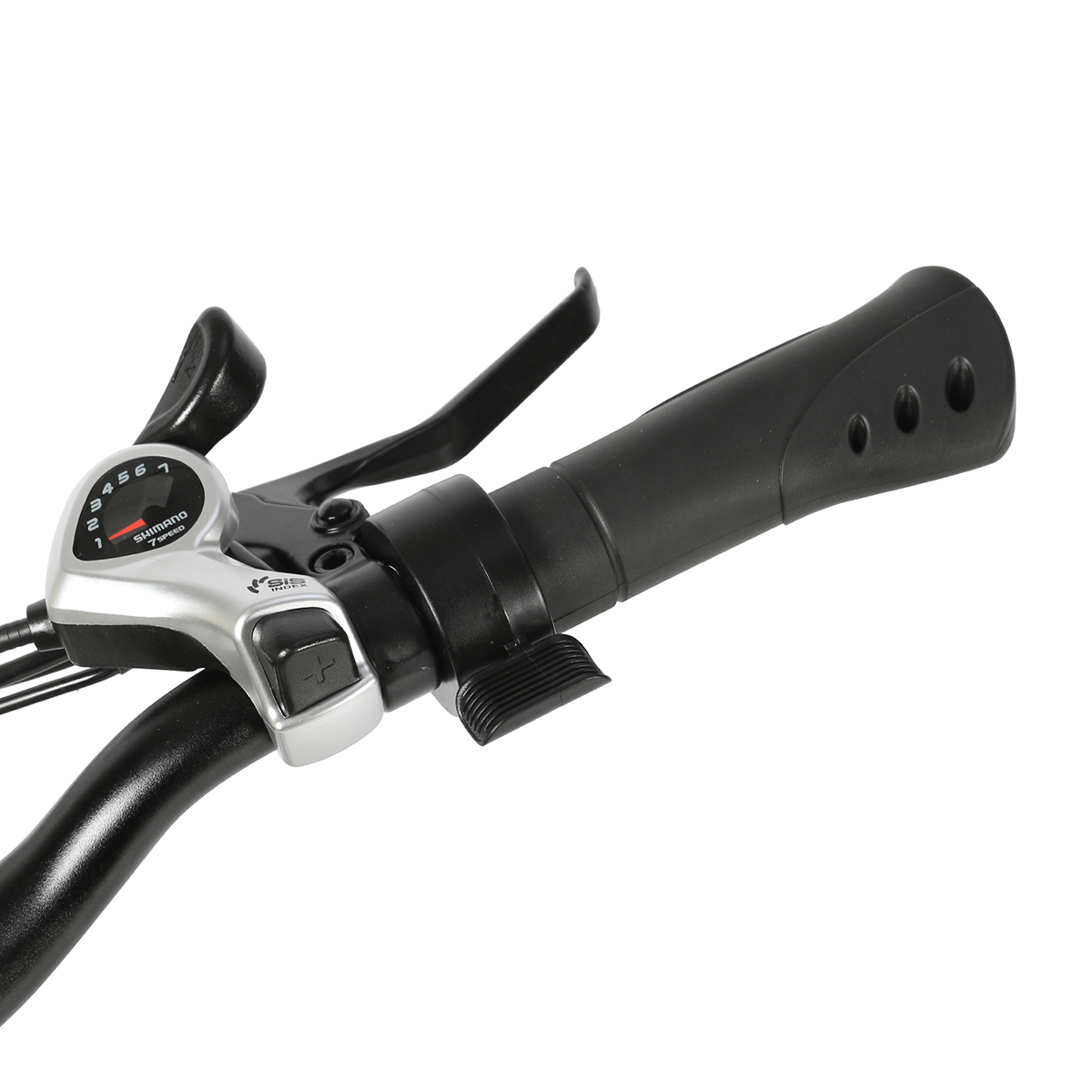 Zbliżenie kierownicy roweru z przerzutkami i hamulcami.