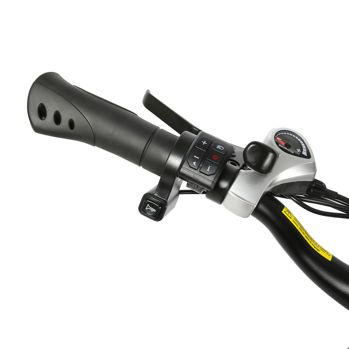 Zbliżenie kierownicy roweru elektrycznego z kontrolkami świateł, klaksonu i prędkości.