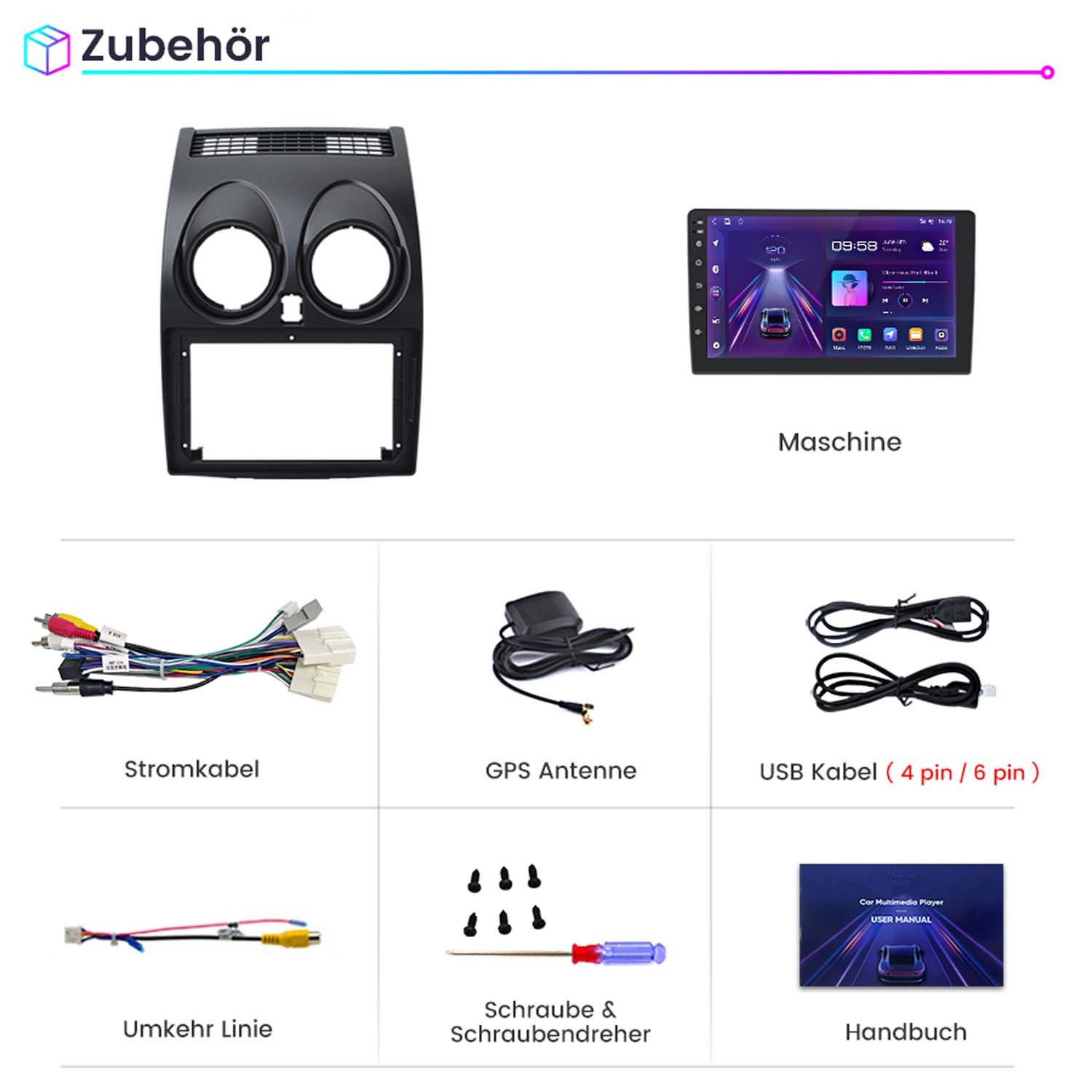Multimedia-Zubehör für Autos: Armaturenbrettrahmen, Hauptgerät, Kabel, GPS-Antenne, Schrauben und Benutzerhandbuch.
