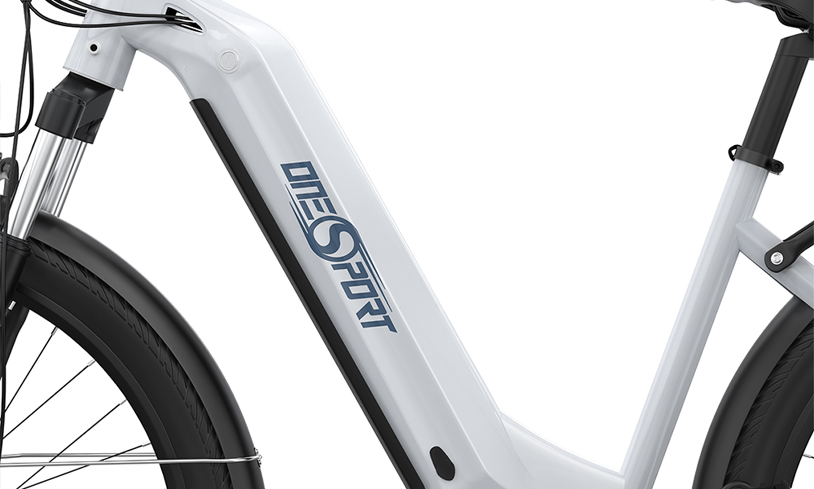 Cuadro de bicicleta eléctrica blanca con el logotipo ONE SPORT. Neumático y guardabarros negros. Fondo blanco.