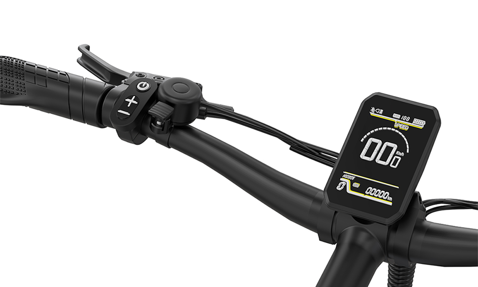 Primer plano del manillar negro de una bicicleta con pantalla que muestra la velocidad y los controles.