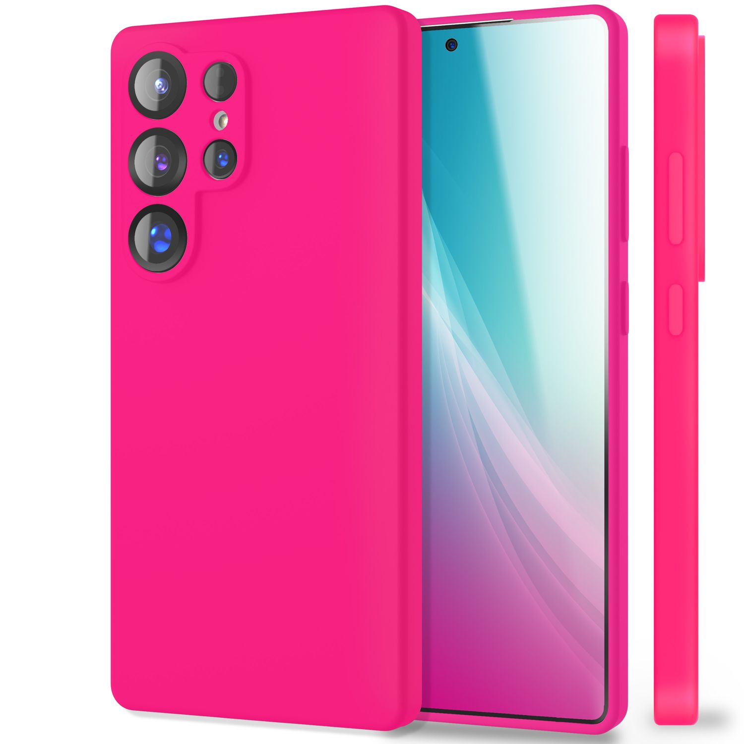 Rosa Handyhülle mit Handy, Seitenansicht und schräger Ansicht. Das Handy hat mehrere Kameras.