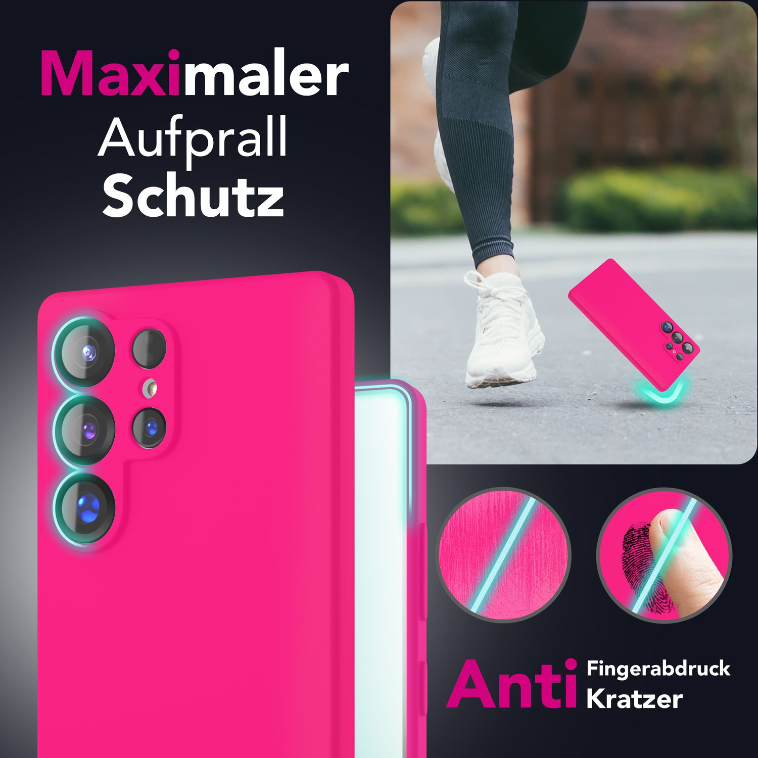 Eine pinkfarbene Handyhülle mit einer rennenden Person im Hintergrund.