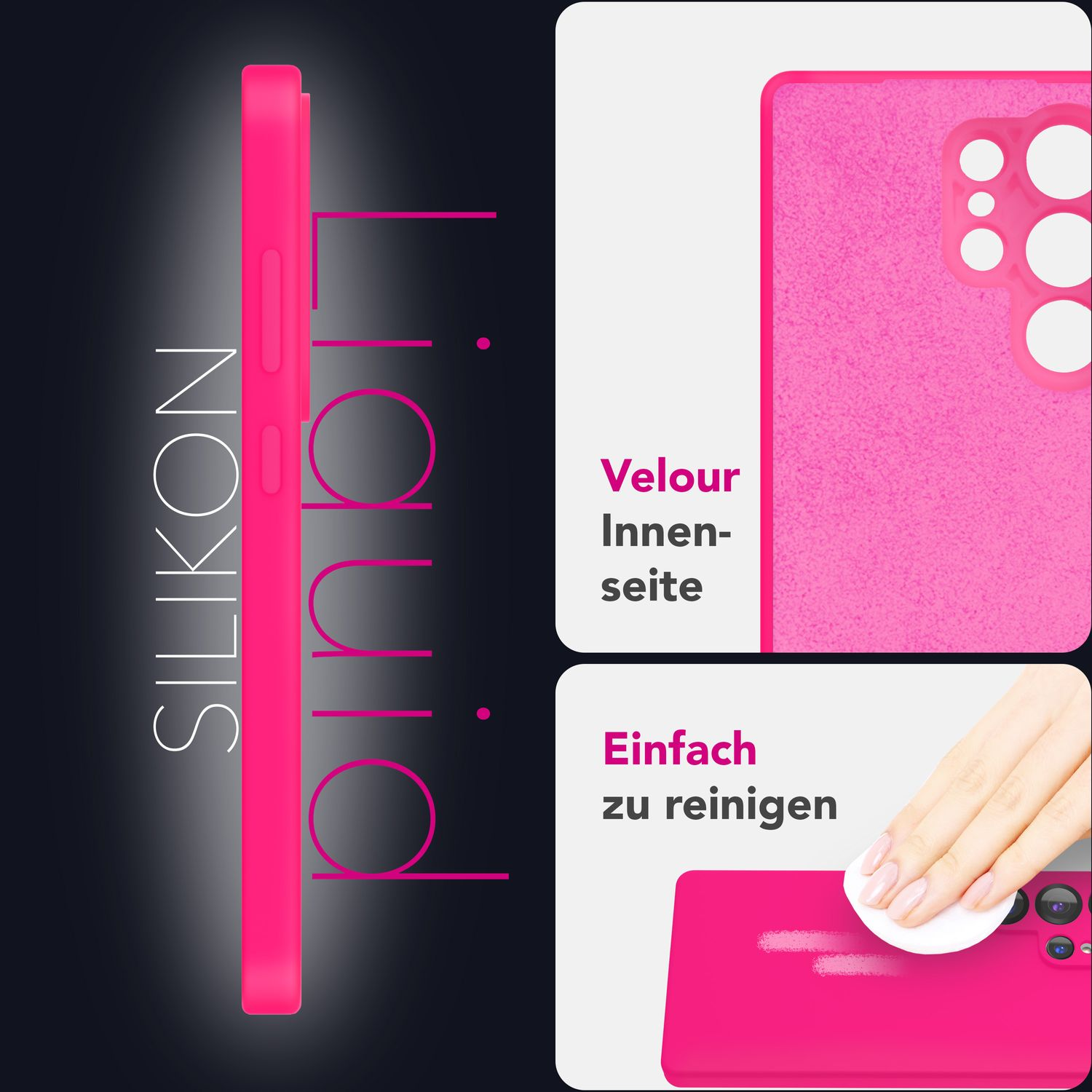 Rosa Flüssigsilikon-Handyhülle, mit Text und Nahaufnahmen der Hülle.
