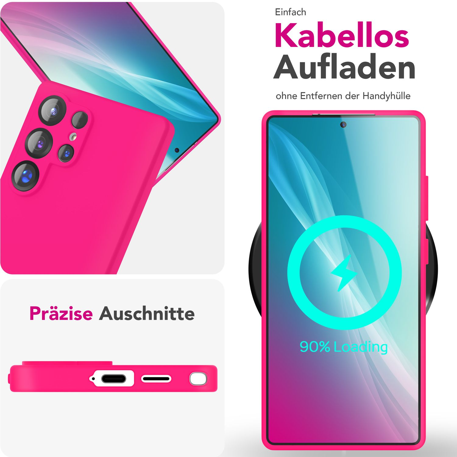 Rosa Handyhülle mit Telefon und Ladepad. Weißer Hintergrund, Detailaufnahmen.