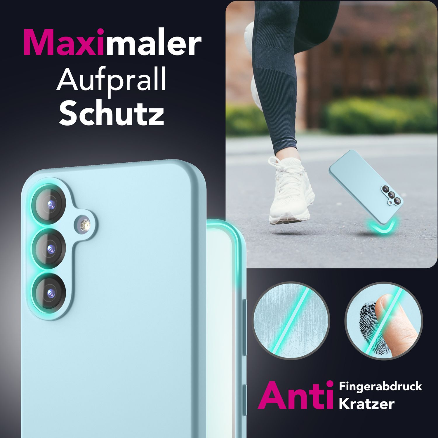 Smartphone mit Schutzhülle; zeigt Fingerabdruckresistenz und Aufprallschutz.