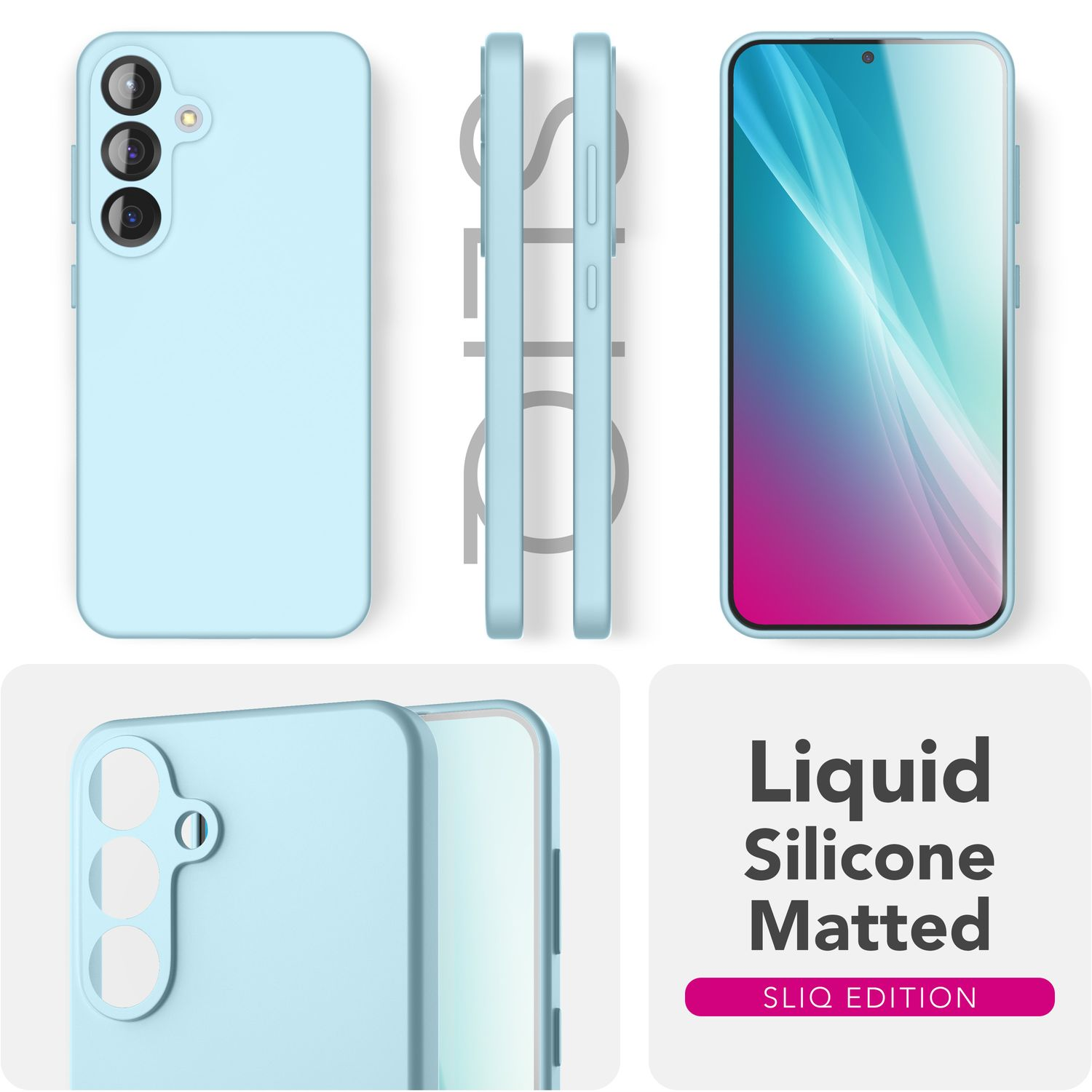 Eine hellblaue Handyhülle und ein Telefon, in verschiedenen Winkeln, mit dem Text Liquid Silicone Matted.