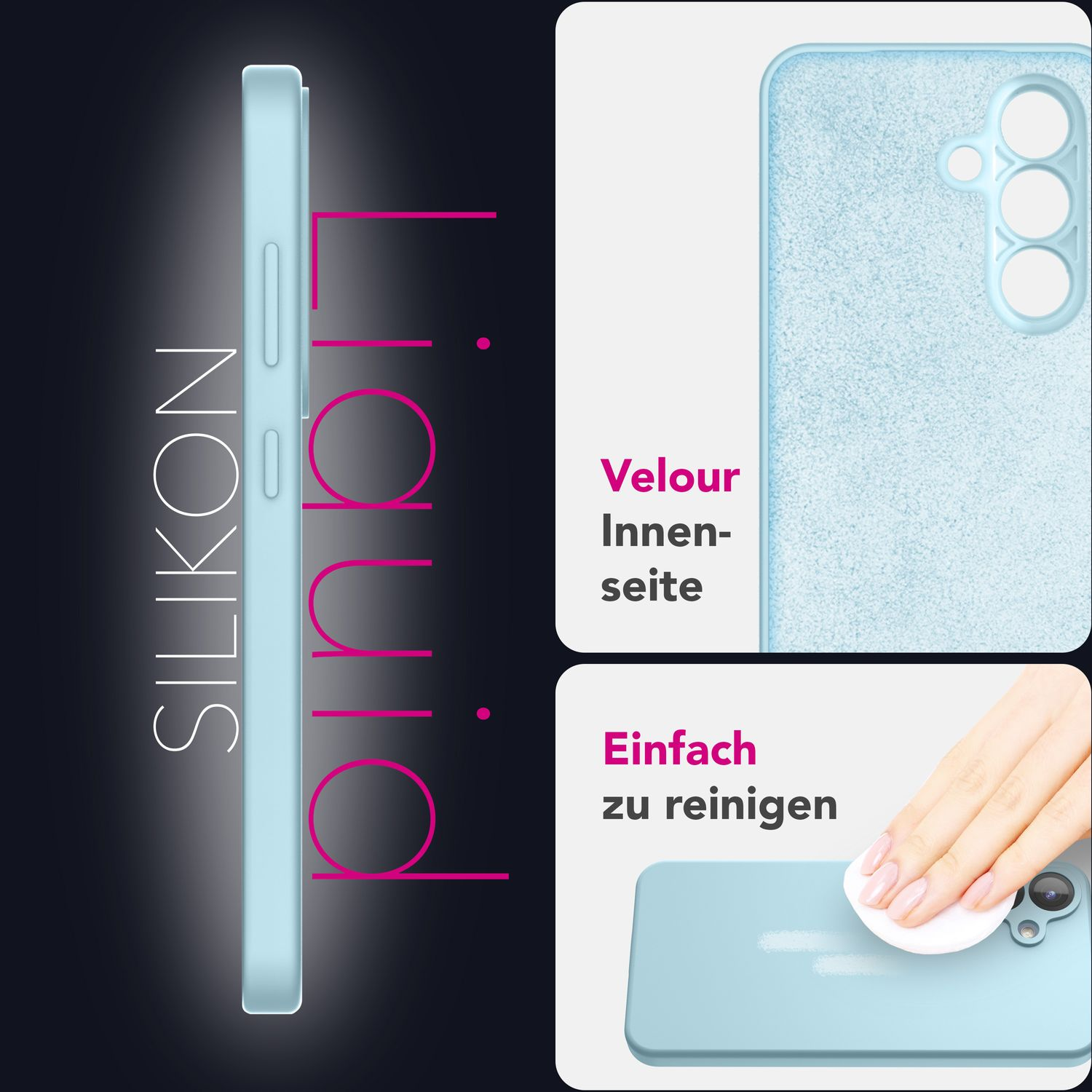 Hellblaue Handyhülle, Seitenansicht, mit Text 'SILIKON liquid'.