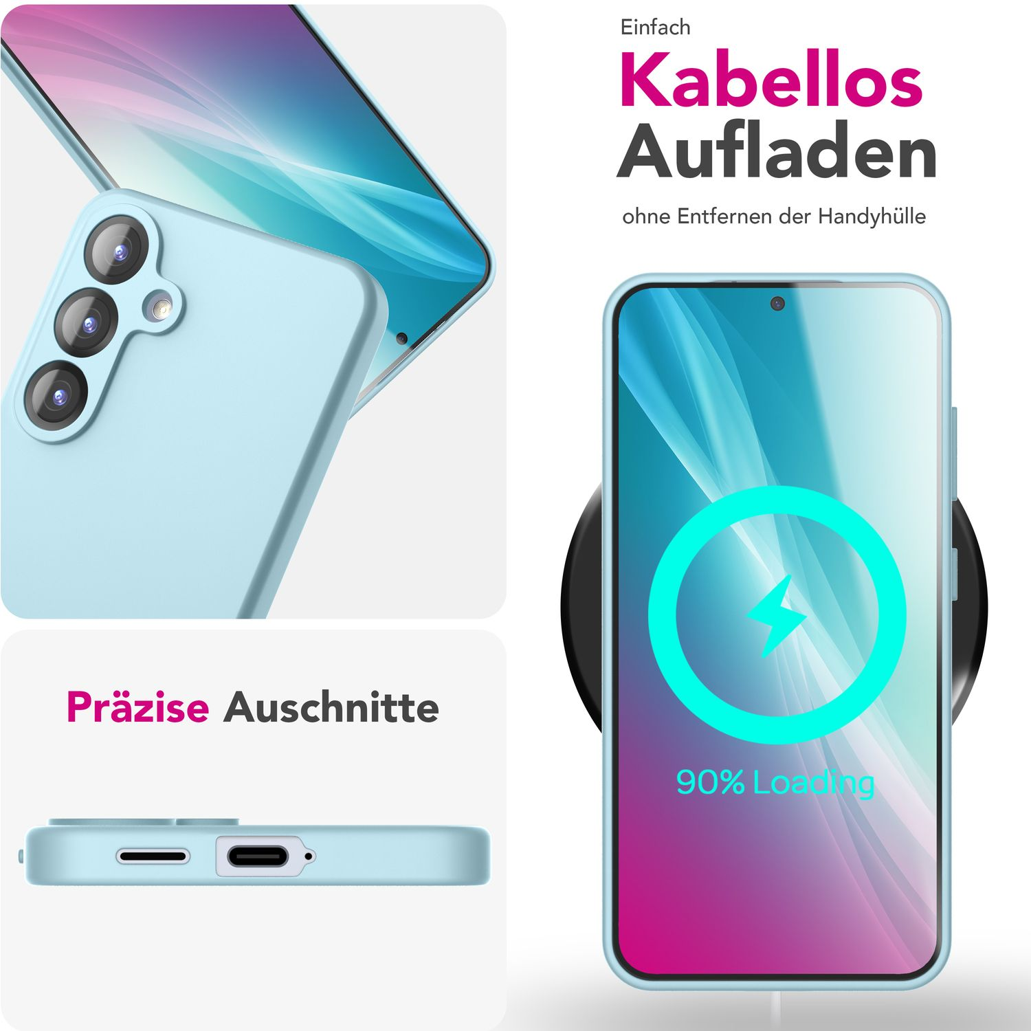 Eine blaue Handyhülle mit Telefon im Inneren und kabellosem Laden. Details der Handyhülle werden angezeigt.