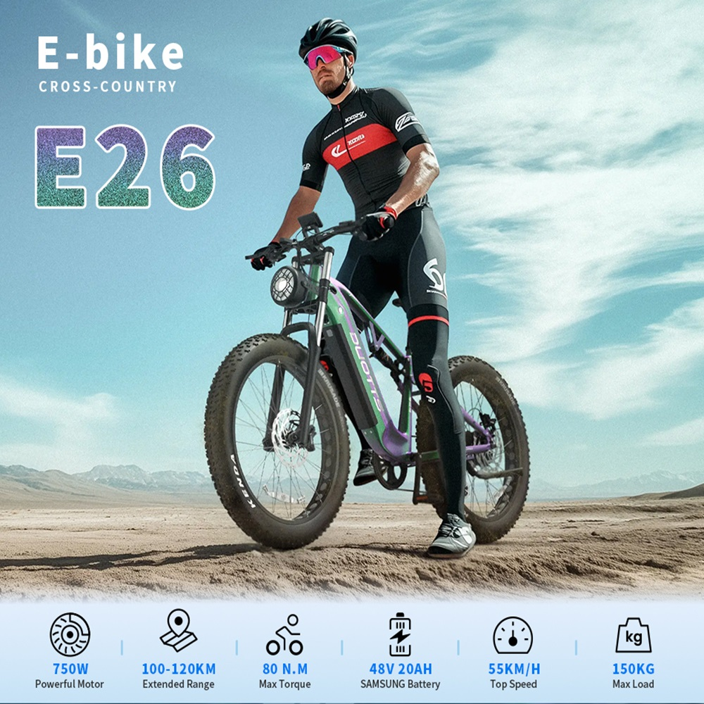 Eine Person fährt mit einem E-Bike auf einer Straße, das Bike ist grün und schwarz.