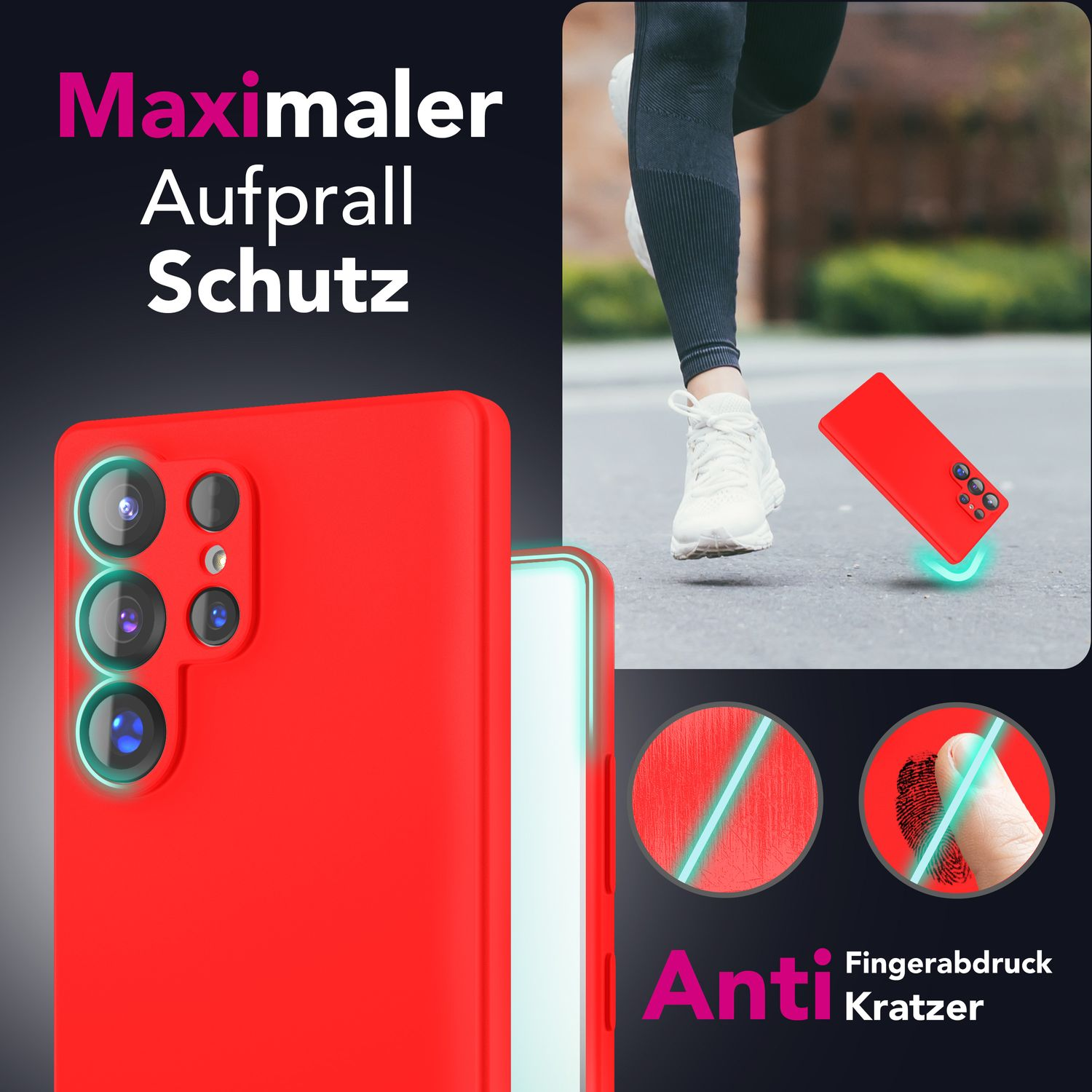Rote Handyhülle mit Telefon, Person im Hintergrund. Anti-Kratzer und Anti-Fingerabdruck.