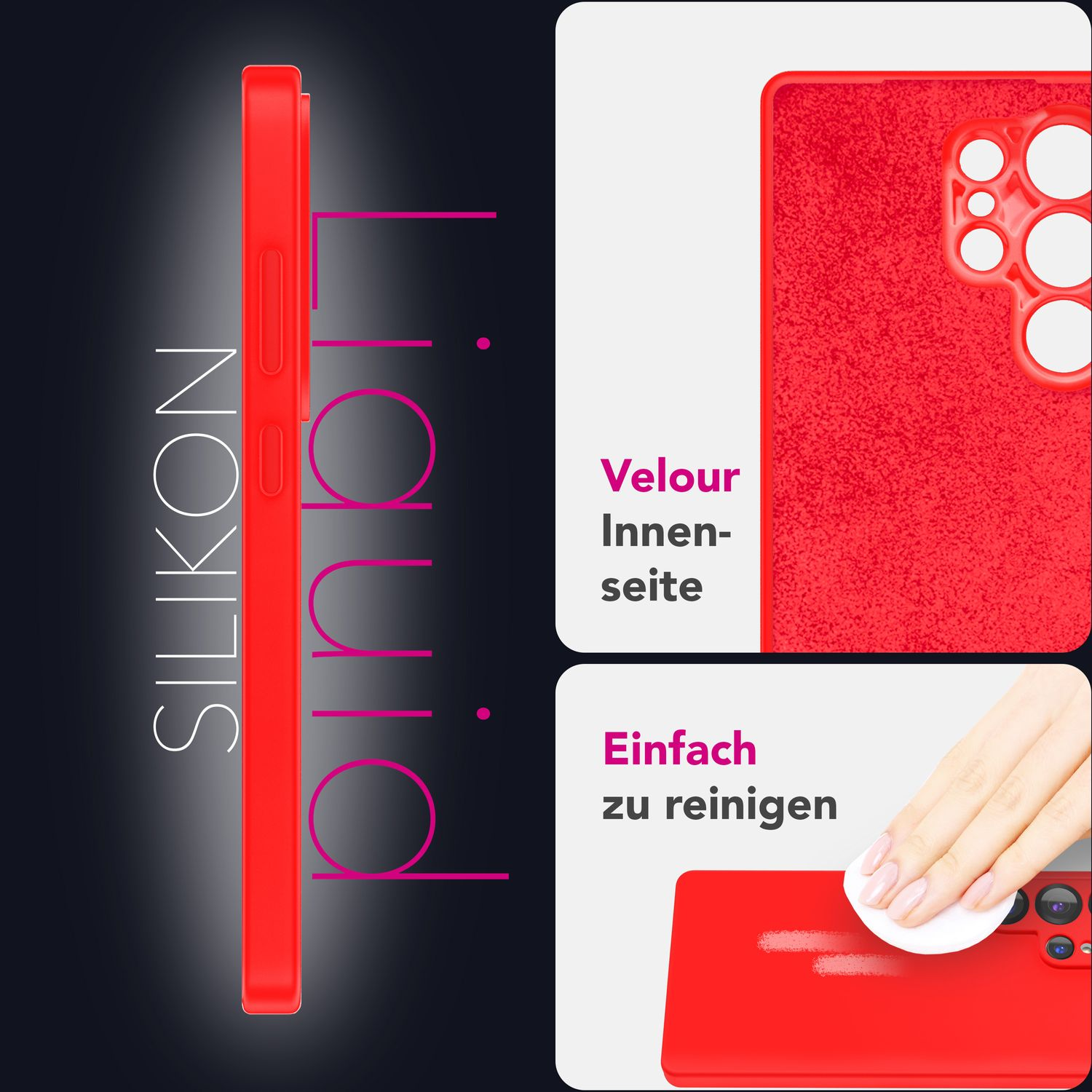 Rote Handyhülle mit Seitentasten und Rückseite. Der Text "Liquid" und "Silikon" sind sichtbar.