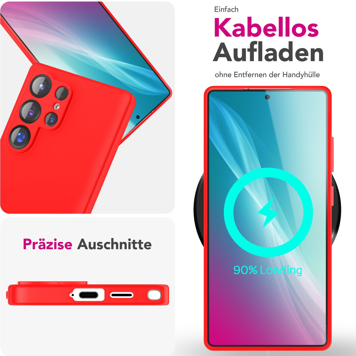 Rote Handyhülle zeigt Telefondetails und kabelloses Laden auf weißer Oberfläche.