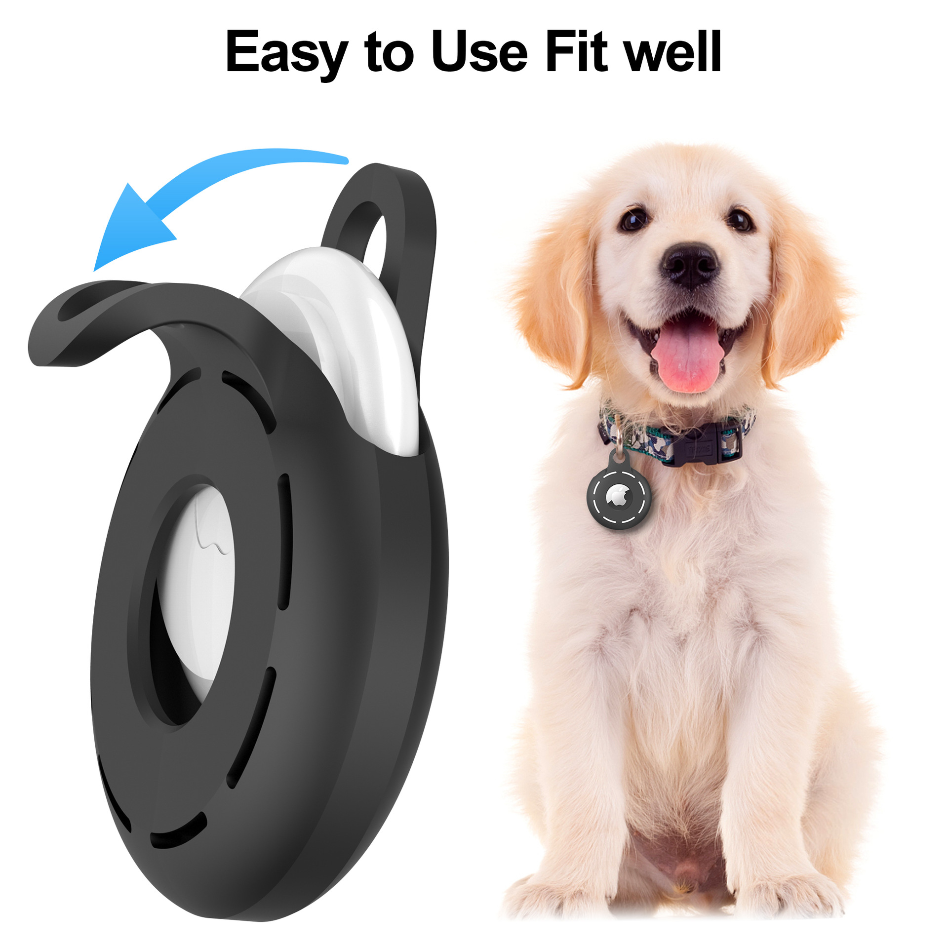 Support de médaille pour chien noir avec une étiquette blanche à l'intérieur. Un chiot souriant à côté.