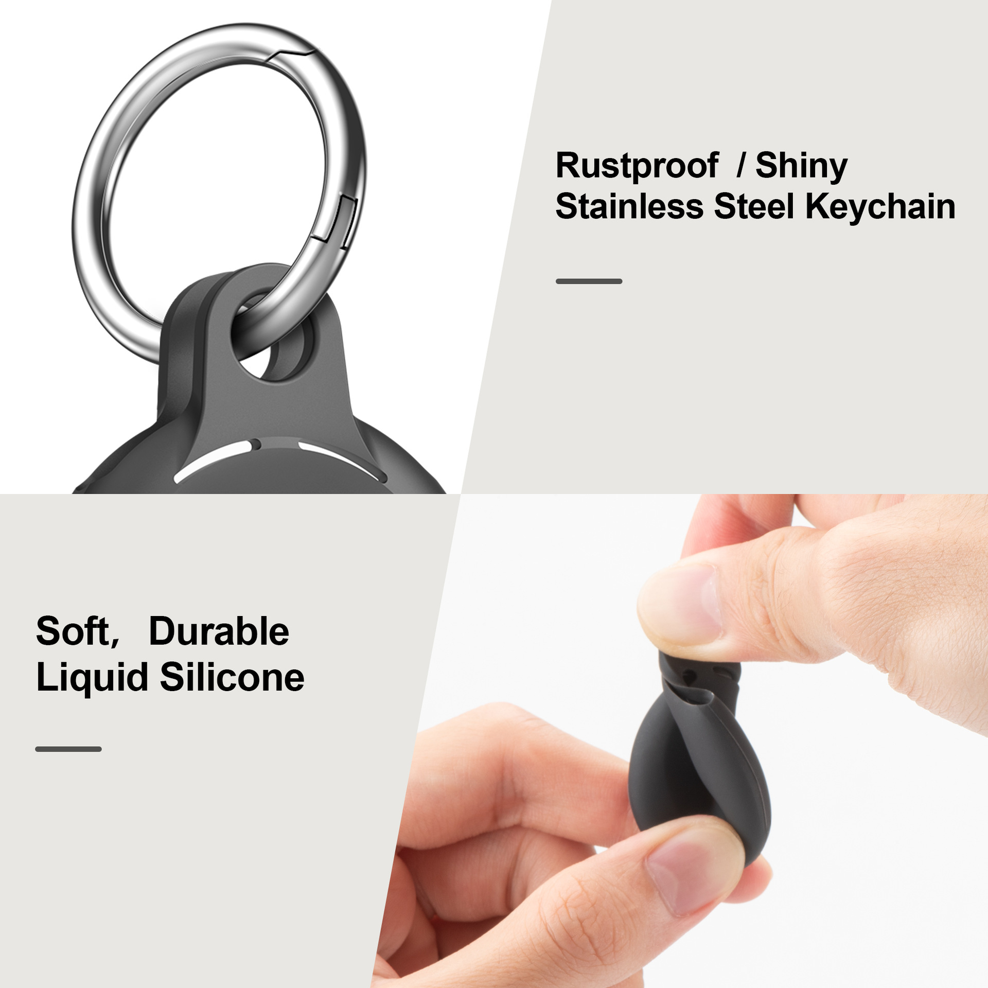 Un porte-clés en silicone gris avec un anneau argenté. Une main serre le support, montrant sa flexibilité.