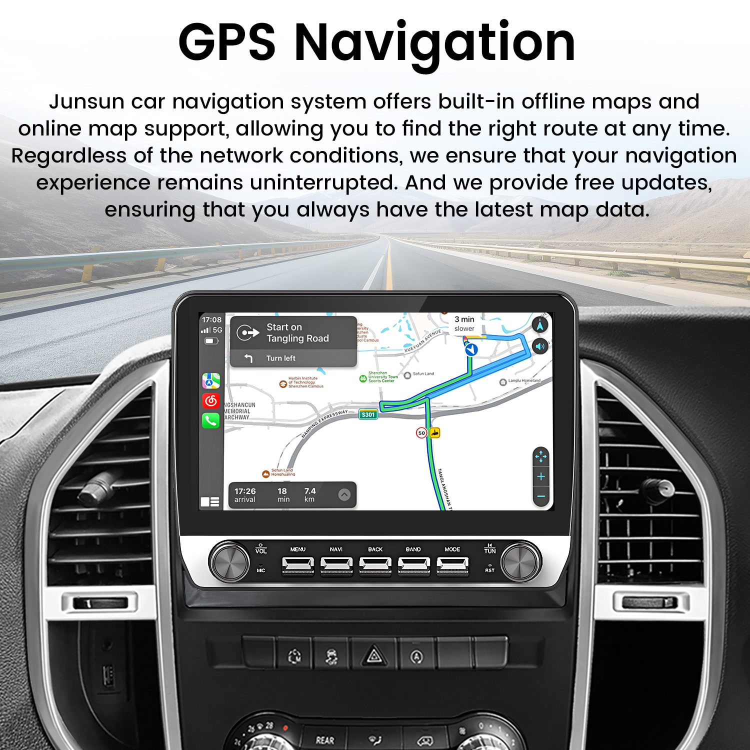 Deska rozdzielcza samochodu z ekranem nawigacji GPS wyświetlającym mapę i wskazówki trasy. Nakładka tekstowa: Nawigacja GPS. Tło błękitnego nieba.